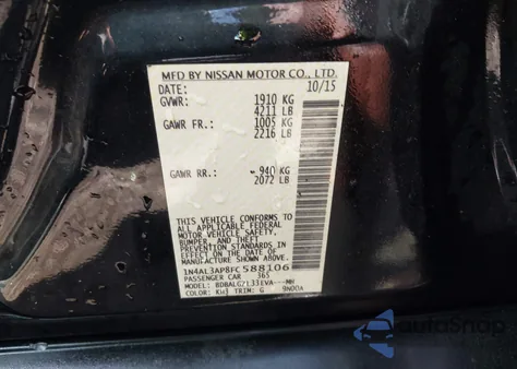 2015 Nissan Altima 2.5 S z USA, uszkodzony, nr VIN 1N4AL3AP8FC588106